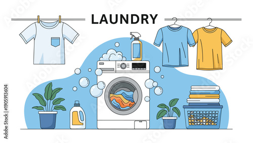 Modern laundry room scene with automatic washing machine clean clothes hanging on rack and folded laundry in basket with plants.