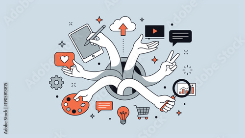 Multitasking Hands Working on Digital Devices and Creative Tools