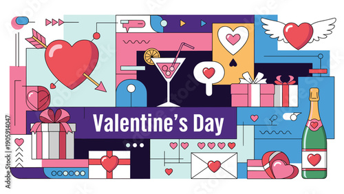 Romantic Valentine's Day greeting collage filled with symbolic hearts gift boxes champagne bottles and love letters for celebration.