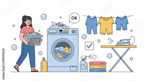 Complete home laundry workflow showing woman with basket next to washing machine ironing station and clean clothes on line.