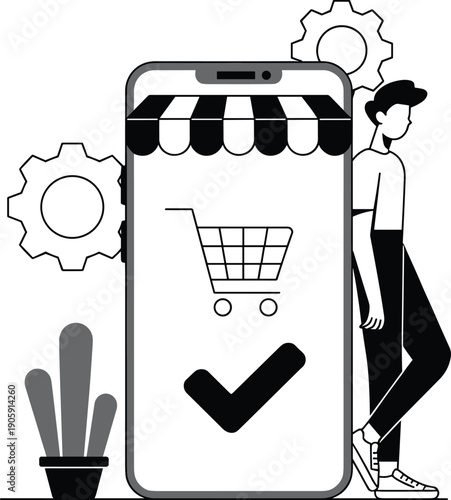 Black and white illustration of smartphone with storefront awning, shopping cart, checkmark, gears, and person symbolizing online shopping, mobile commerce, and digital retail technology