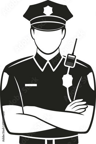 Black and white illustration of police officer in uniform with badge, hat, and radio, symbolizing law enforcement, public safety, authority, and security services