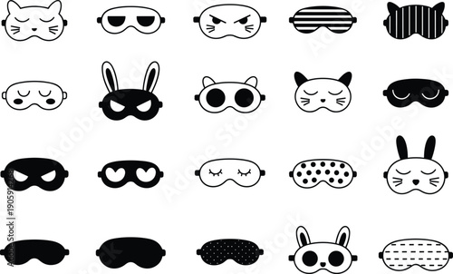 Black and white illustration of twenty creative sleep masks with animal motifs, facial expressions, and abstract patterns, symbolizing comfort, relaxation, and bedtime accessories