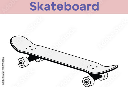 Minimal black and white skateboard illustration with flat deck, curved ends, trucks and wheels, perfect for educational design, recreational art, and transportation graphics