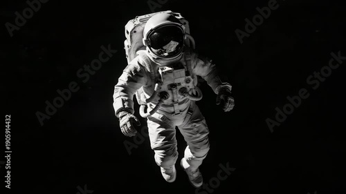 floating astronaut in white spacesuit isolated in dark space cinematic video