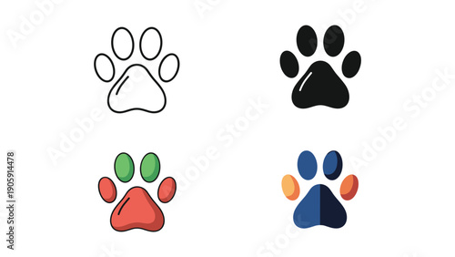 Paw Print Icon Set: Line, Silhouette, and Color Variations