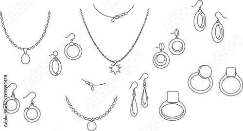 Collection of delicate line art jewelry icons featuring various necklaces earrings and modern minimalist rings presented against a clean white background for design use