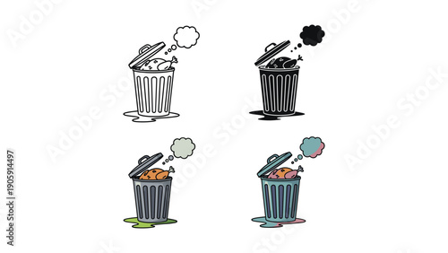 Trash Can with Food Icon Set: Line, Silhouette, and Color Variations