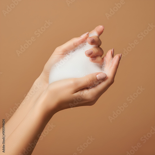 Wallpaper Mural Woman washing hands with thick soapy lather and bubbles, minimalist aesthetic for hygiene, health, and cleanliness concept, isolated on beige backdrop Torontodigital.ca