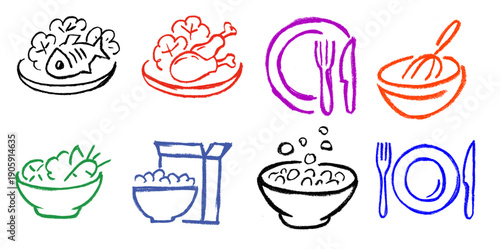 Food Dish Plate Related Drawings Crayon Chalk Doodle Vector Set