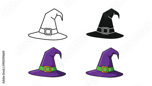 Witch Hat Icon Set: Line, Silhouette, and Purple Color Variations