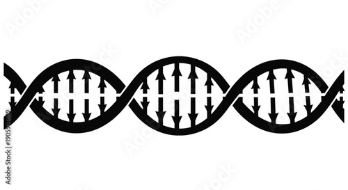 Strand of DNA helix structure is depicted with upward and downward arrows representing genetic code.
