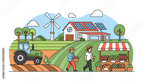 Sustainable modern farm landscape with renewable energy sources green tractor organic vegetable stand and agricultural workers in fields.