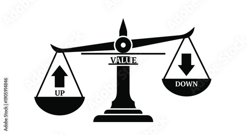 Balance scale demonstrates the concept of value comparison with an upward arrow for gain and downward.