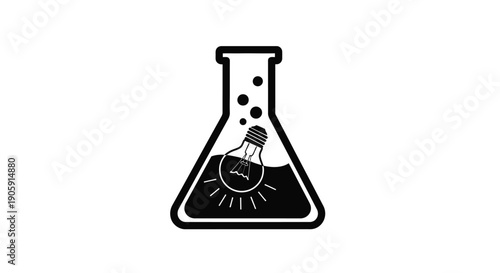 Illuminated lightbulb floats inside a laboratory flask symbolizing scientific breakthrough.