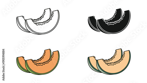 Cantaloupe melon slices icons in outline, silhouette, and juicy color variations