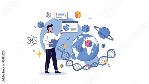 Educational science concept featuring man presenting digital data about genetics global geography and astronomy with futuristic holographic icons.
