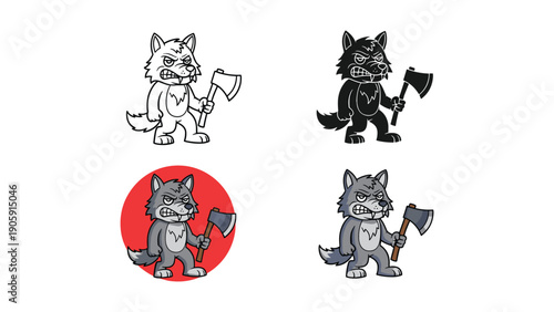 Angry wolf with axe icons in outline, silhouette, and menacing colors