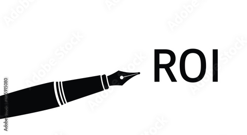 Fountain pen tip writing the abbreviation ROI against a clean white background for financial concepts.