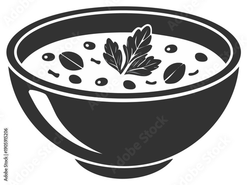 Bowl of soup with parsley garnish, food illustration, culinary art