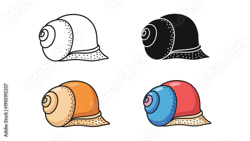 Stylized snail shell icons in outline, silhouette, and vibrant colors