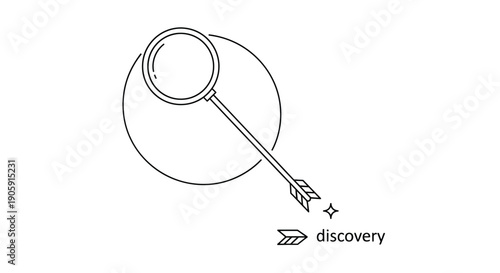 Magnifying glass arrow points toward discovery text symbolizing focused search and successful.