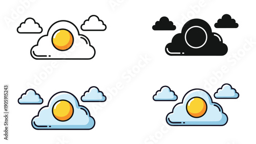 Fried egg in cloud icons: outline, silhouette, and cheerful colored versions