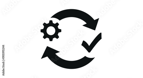 Gear icon within circular arrows signifies process improvement and successful workflow completion.
