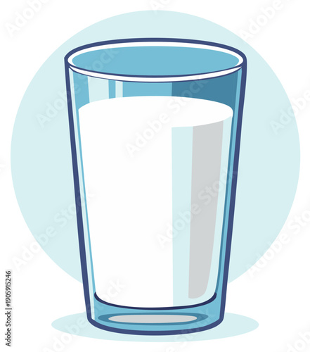 A tall glass filled with white liquid against a light blue circle and white background