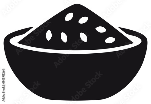 Bowl of rice grains illustrated in black and white