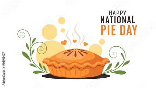 Delicious National Pie Day celebration featuring golden baked pastry with heart shaped steam and elegant decorative floral patterns.