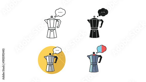 Moka pot coffee maker illustration with thought bubble, in outline, silhouette, and color variations.