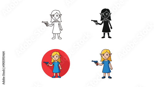 Fantasy elf girl with a pistol, illustrated in outline, silhouette, and colorful versions.