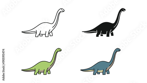 Long-necked dinosaur icons in outline, silhouette, green, and blue styles