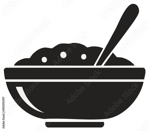 Bowl of Porridge with Spoon Icon Black and White Style Simple Illustration