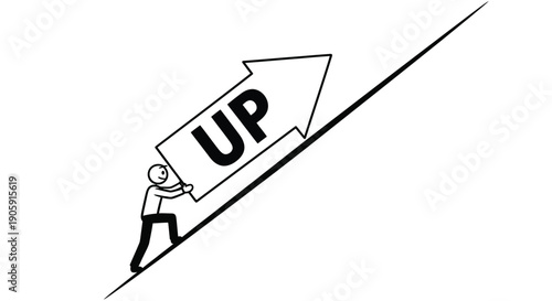 Stick figure worker pushing a large arrow labeled UP up a steep incline symbolizing career growth.