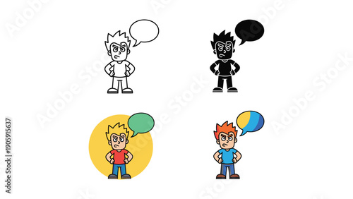 Angry cartoon boy illustration with hands on hips, in outline, silhouette, and color versions.