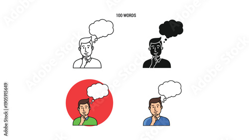 Thoughtful man with chin on hand and speech bubble, in outline, silhouette, and color variations.