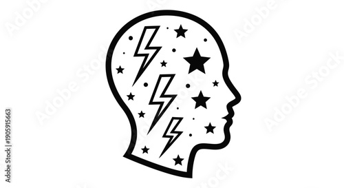 Silhouette of a human head filled with lightning bolts and stars symbolizing mental energy and genius.