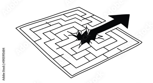 Arrow bursts through a square maze, illustrating a breakthrough solution to a complex problem.