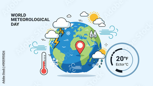 Informative World Meteorological Day illustration with earth globe surrounded by diverse weather symbols and temperature measurement graphics.