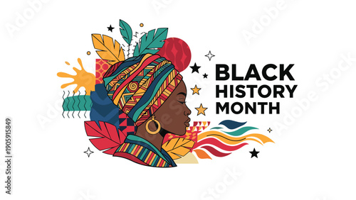 Elegant Black History Month tribute featuring profile of woman with vibrant traditional headwrap and decorative celestial and leaf patterns.