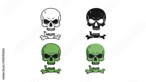 Menacing skull and crossbones icons in various styles: outline, silhouette, and menacing green for pirate or danger themes.
