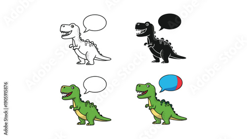 Roaring cartoon Tyrannosaurus Rex with speech bubble, outline, silhouette, and color.