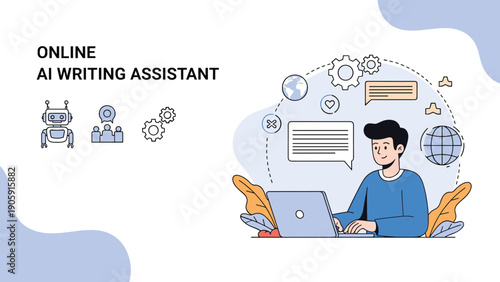 Professional online AI writing assistant platform with male user working on laptop aided by smart artificial intelligence software tools.