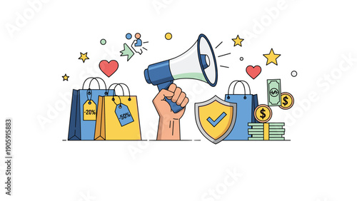 Dynamic sales and marketing promotion concept with hand holding megaphone surrounded by shopping bags and financial security icons.