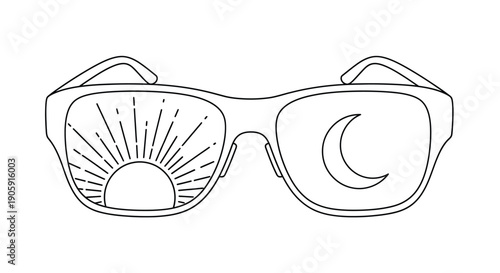 Sunglasses displaying contrasting sun and moon visuals represent duality of day and night vision.