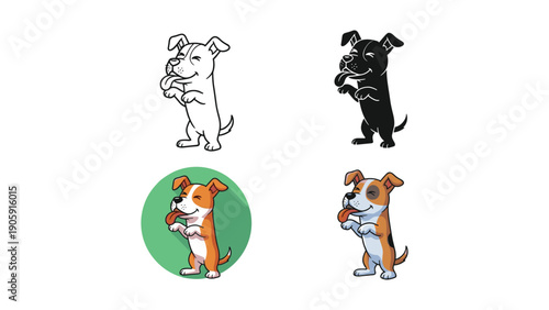 Happy pitbull puppy sticking tongue out, in outline, silhouette, and color with circle.