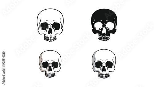 Collection of skull icons in various styles: outline, solid black, and shaded, symbolizing danger, death, or Halloween.