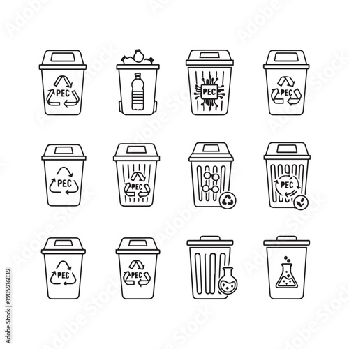 Recycling Bins Icons Set - Various Types and Symbols for Waste Management
